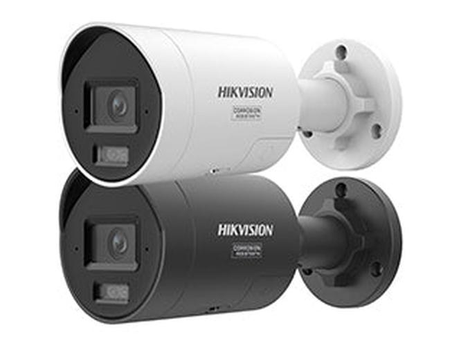 Zwarte en witte Hikvision 12MP AcuSense bulletcamera's met actieve afschrikking en wandmontagebeugel.