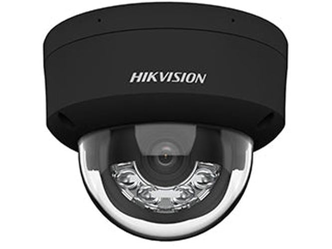 Zwarte Hikvision 8MP ColorVu dome camera met 2.8mm lens en actieve afschrikking voor 24/7 kleurrijke bewakingsbeelden.