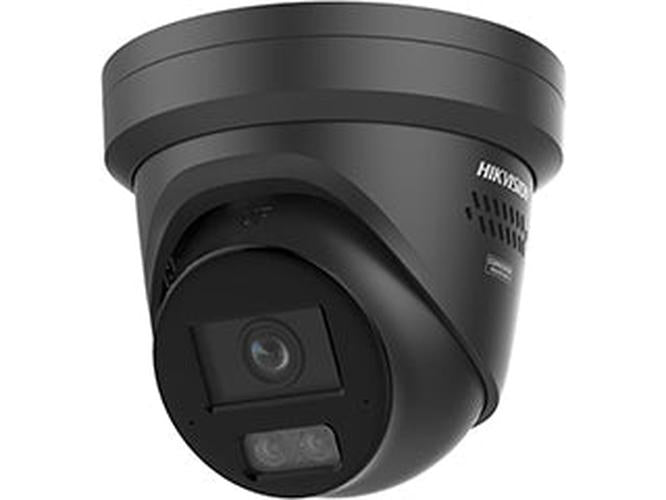 Zwarte Hikvision 12MP 4K AcuSense dome beveiligingscamera met 2.8mm lens en actieve afschrikking.