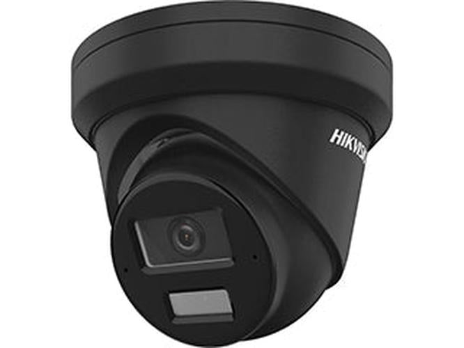 Zwarte Hikvision 4MP AcuSense turret beveiligingscamera met 2.8mm lens en IR-nachtzicht in compact design.
