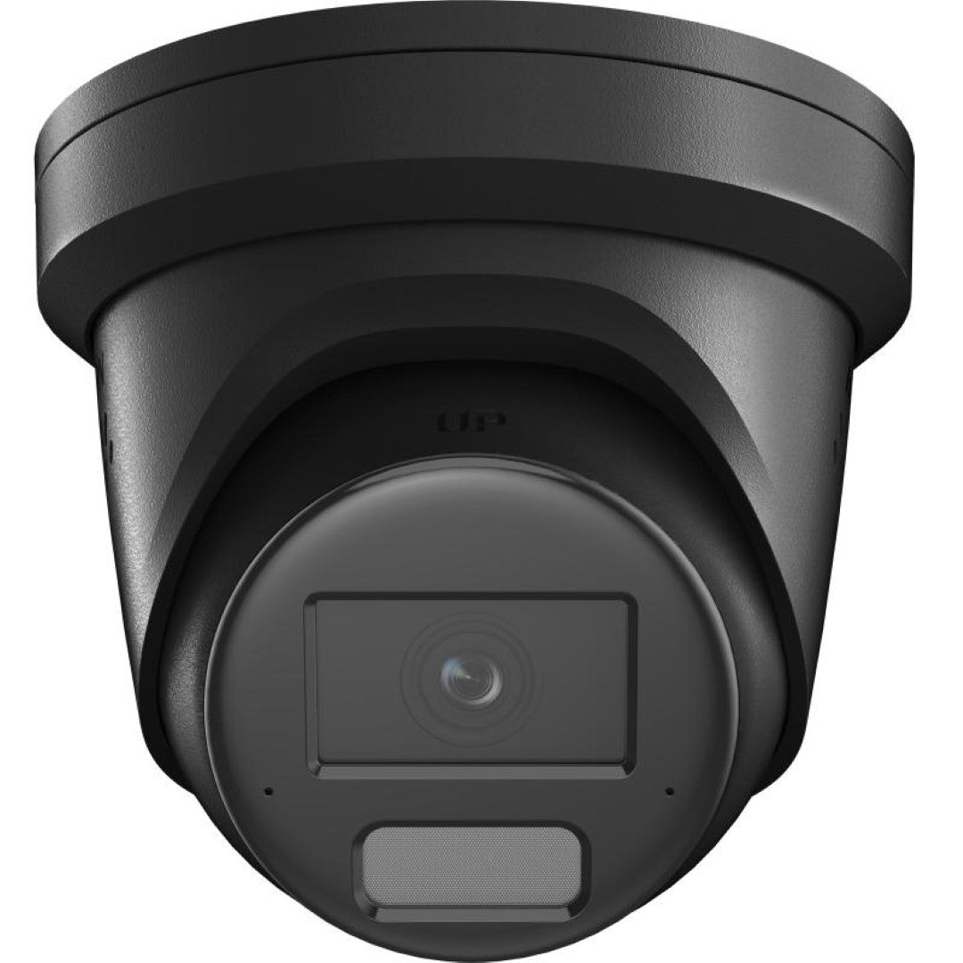 Zwarte Hikvision 4MP AcuSense turret beveiligingscamera met 4mm lens en ingebouwde luidspreker voor actieve afschrikking.
