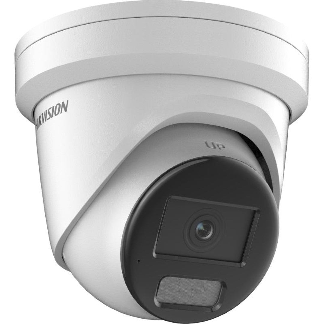Witte Hikvision 4MP AcuSense turret beveiligingscamera met zwarte lensmodule en ingebouwde microfoon.