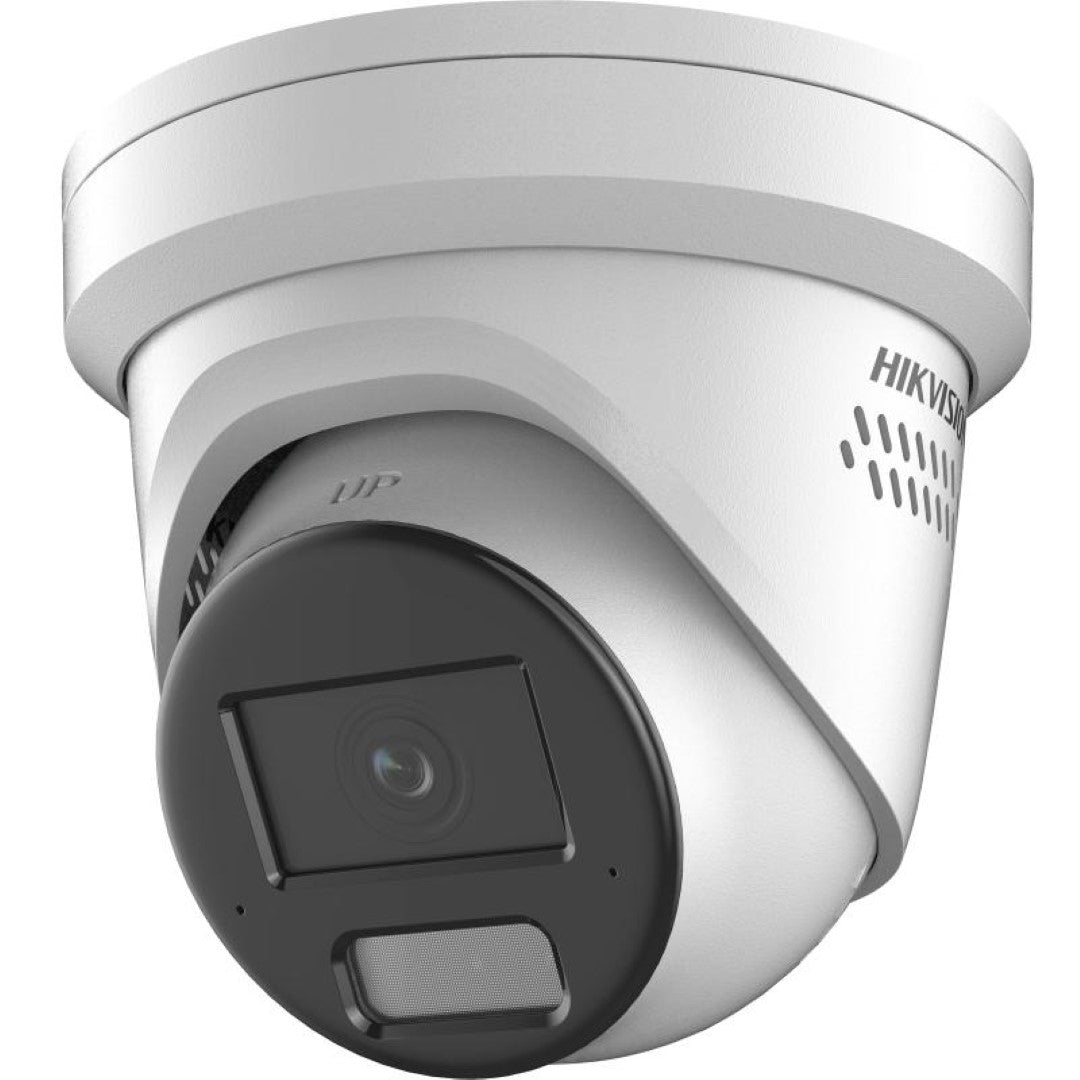 Witte Hikvision 8MP AcuSense turret camera met zwarte lensmodule, stroboscoop en audio-openingen voor actieve afschrikking.