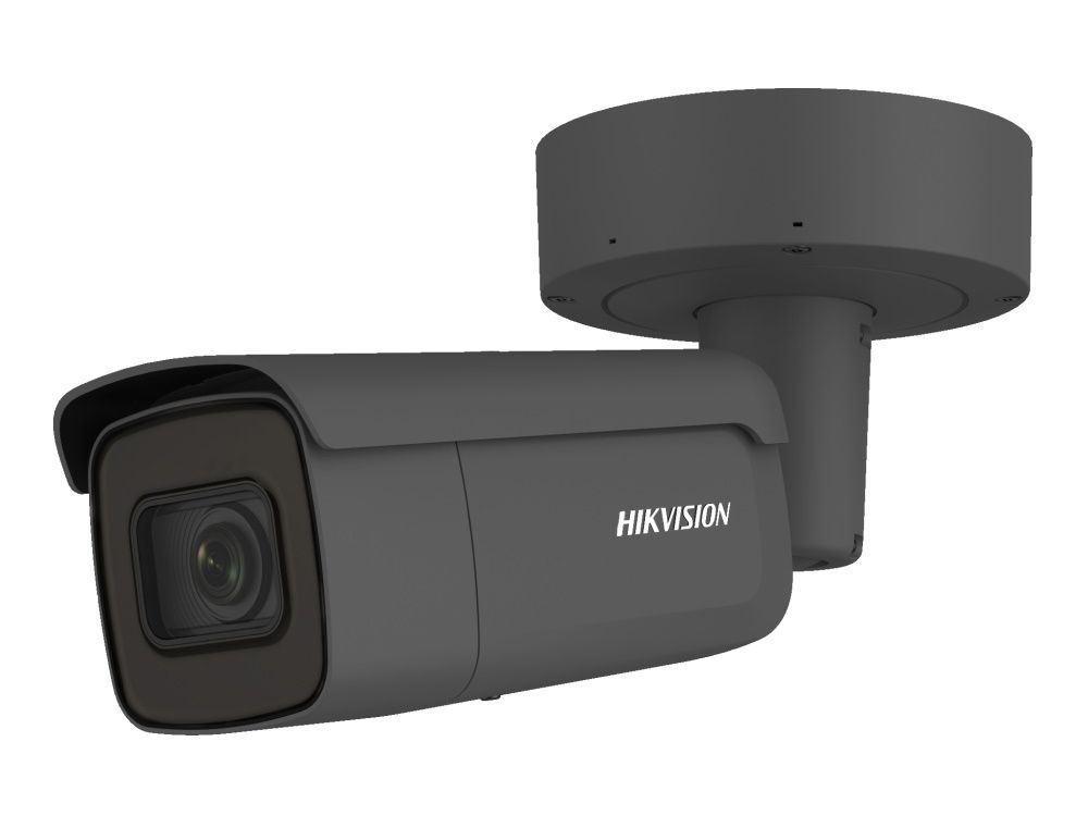Zwarte Hikvision 8MP 4K bulletcamera met varifocale lens en ronde muurbeugel voor professionele buitenbeveiliging.