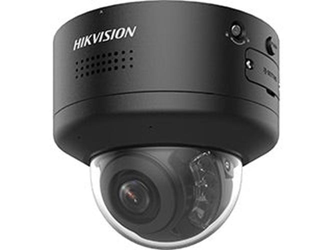 Zwarte Hikvision 8MP 4K dome beveiligingscamera met varifocale lens en stroboscoop voor actieve afschrikking.