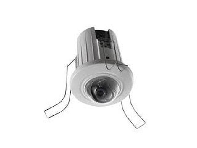 Witte Hikvision 4MP AcuSense mini dome camera met inbouwclips voor discrete plafondmontage.