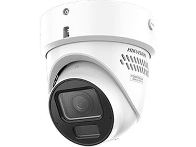 Witte Hikvision 4MP AcuSense turret beveiligingscamera met varifocale lens en robuuste behuizing voor buiten.