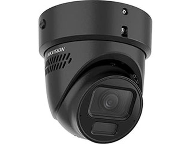 Zwarte Hikvision 8MP ColorVu turret beveiligingscamera met varifocale lens en robuust vandaalbestendig ontwerp.