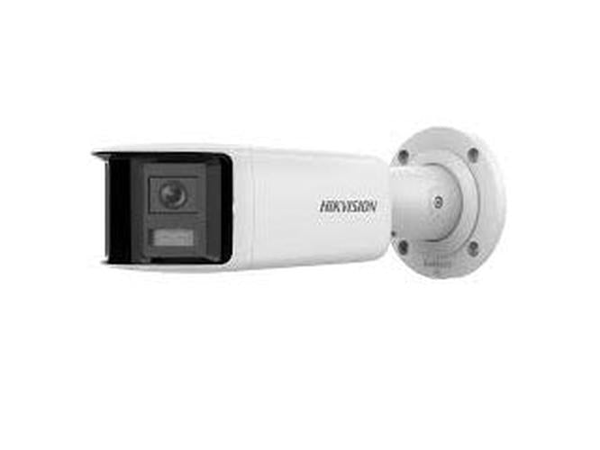 Witte Hikvision 16MP panoramische bullet camera met actieve afschrikking en muurbeugel.