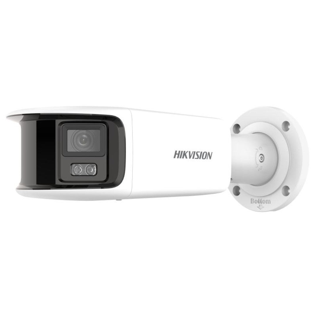 Witte Hikvision 8MP panoramische ColorVu bullet camera met dubbele lens en geïntegreerde muurbevestiging.
