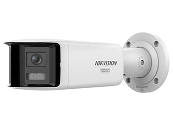 Witte Hikvision 8MP ColorVu bullet camera voor buiten met stroboscoop en verstelbare muurbeugel.