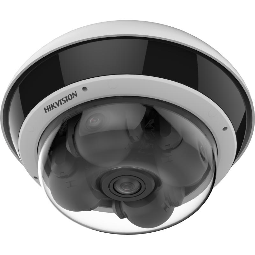 Witte Hikvision 5MP dual-lens multisensor domecamera met varifocale lenzen en transparante koepel voor buitenbewaking.