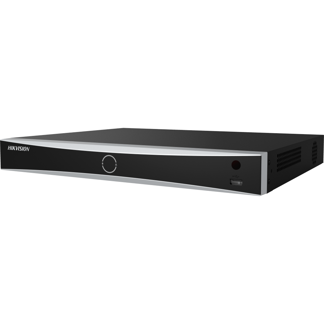 Zwarte Hikvision 8-kanaals AcuSense NVR met zilveren accenten, USB-poort en strak metalen design.