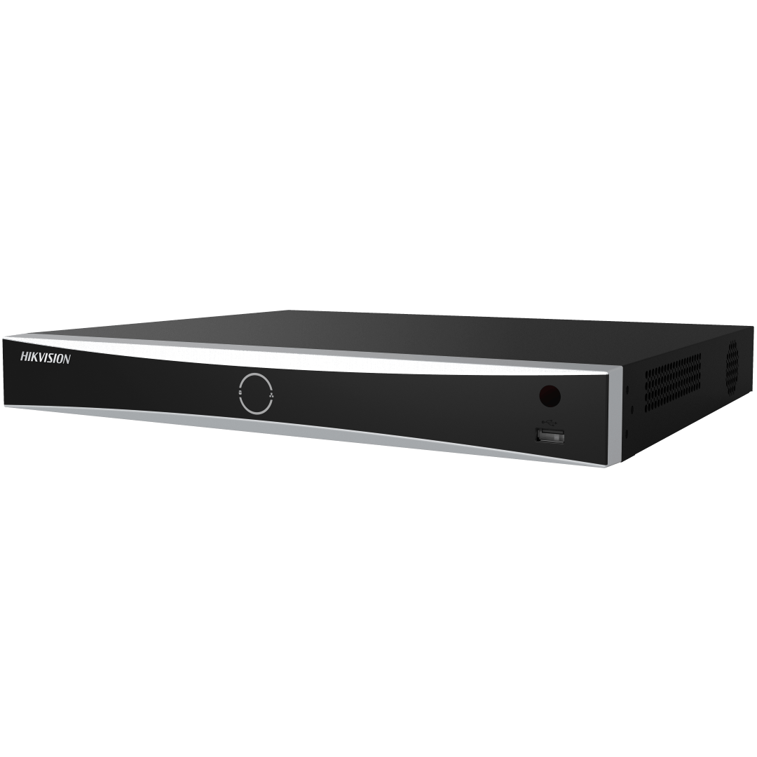 Zwarte Hikvision DS-7616NXI-K2 16-kanaals AcuSense NVR met strak design en USB-poort aan de voorzijde.