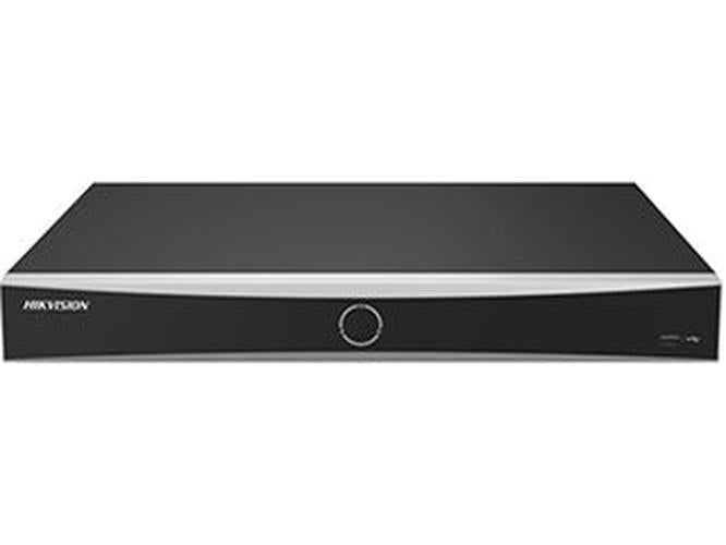 Zwarte Hikvision DS-7616NXI-K2/Vpro 16-kanaals NVR met strak design en zilverkleurige voorzijde.