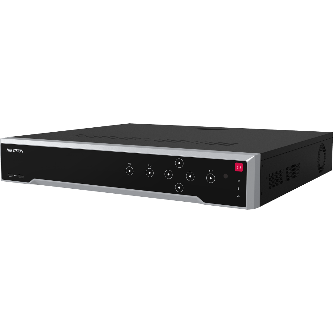 Zwarte Hikvision 32-kanaals Ultra NVR met zilverkleurige rand, bedieningspaneel en USB-poort aan de voorzijde.