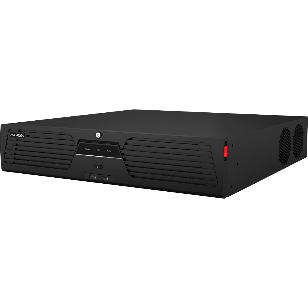 Zwarte Hikvision DS-9632NI-M8 enterprise NVR met 8 HDD-bays, ventilatieroosters en USB-poorten aan de voorzijde.