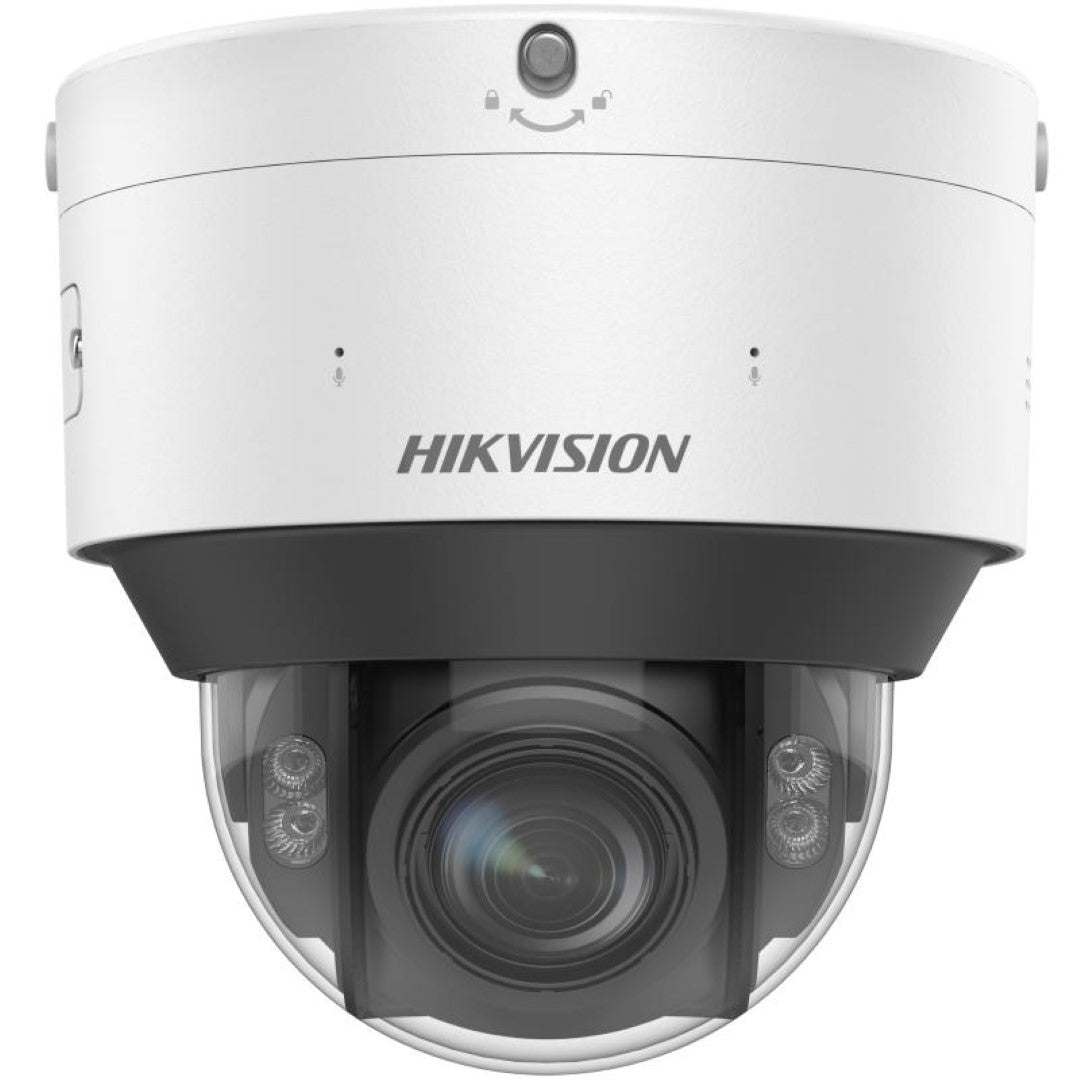 Witte Hikvision DeepinView dome camera met varifocale lens en robuuste behuizing voor buitenbeveiliging.