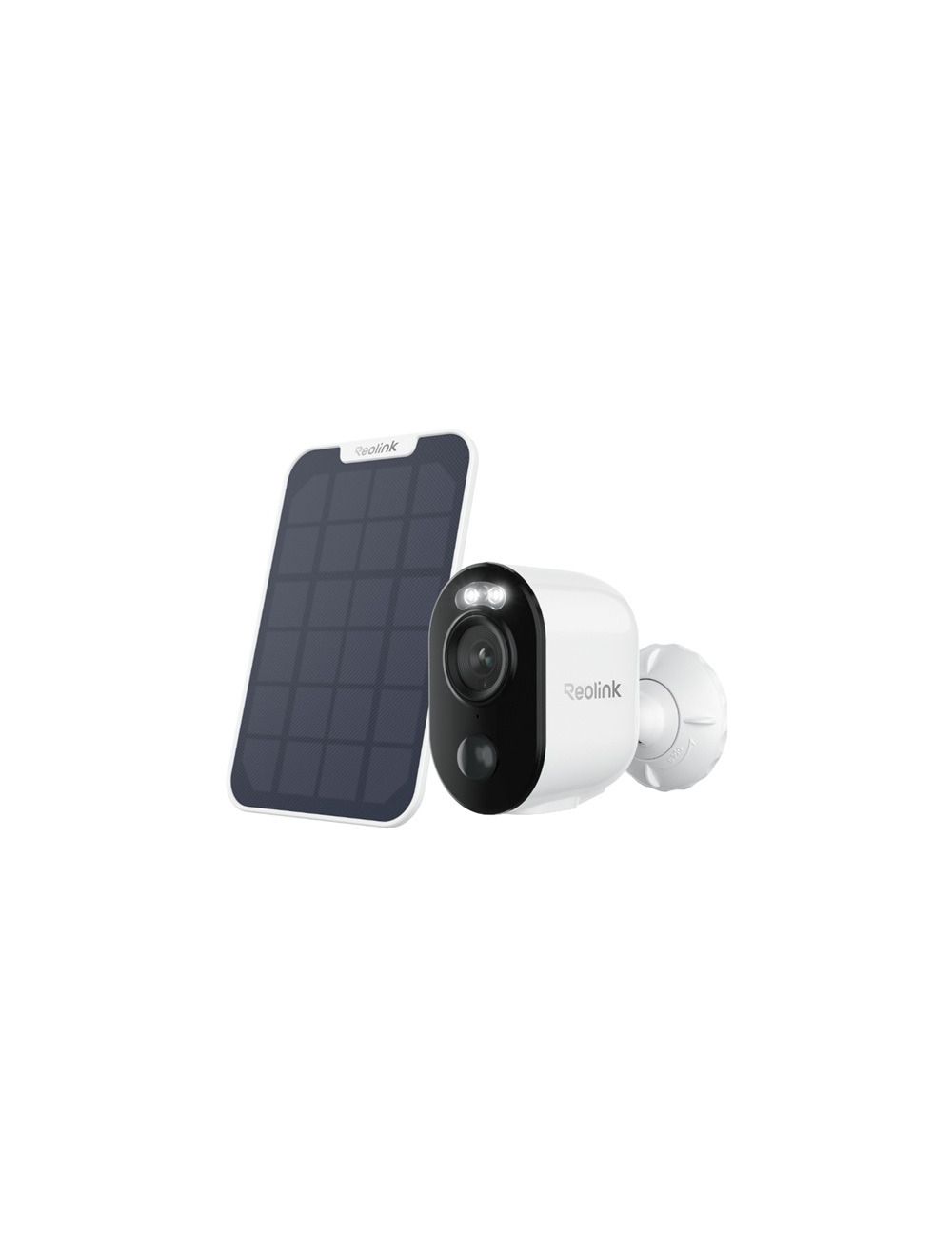 Witte Reolink B310 draadloze buitencamera met zonnepaneel, voorzien van spotlights en AI-detectie.