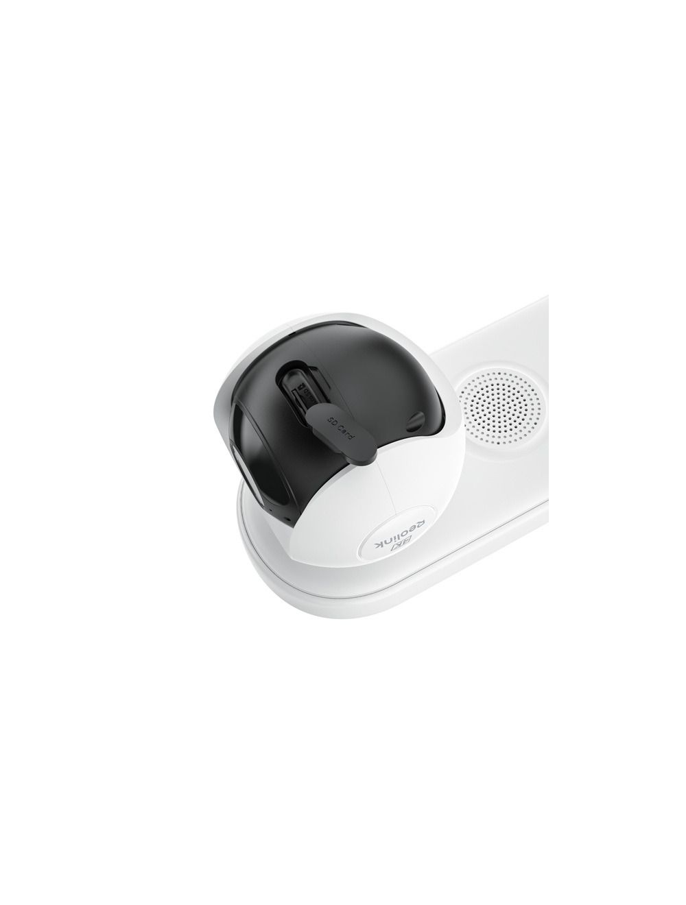 Witte Reolink B660 PTZ-buitencamera met zwarte lensbehuizing en zichtbaar SD-kaartslot op een witte montageplaat.