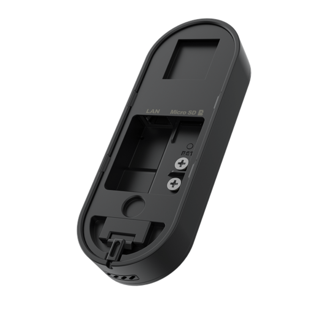 Zwarte Reolink D340P PoE video deurbel achterkant met LAN-poort, MicroSD-slot en schroefbevestiging.