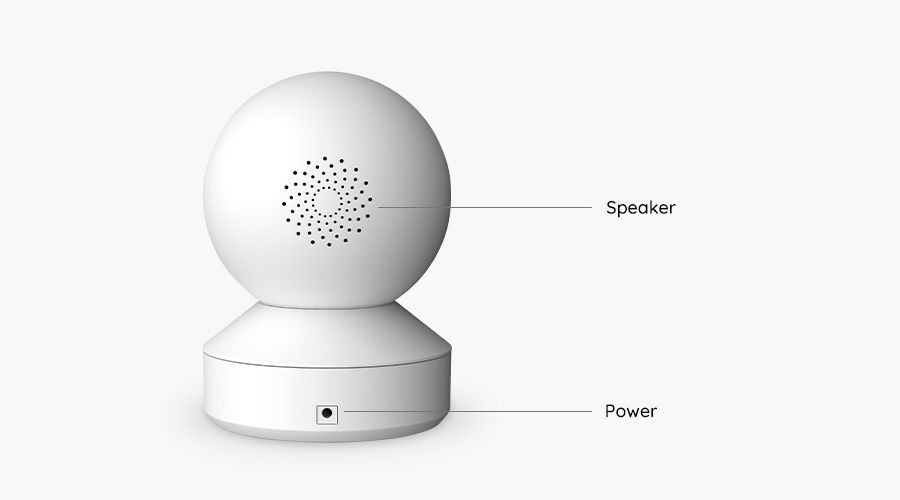 Witte Reolink E340 PTZ-camera achterkant met speaker en stroomaansluiting.