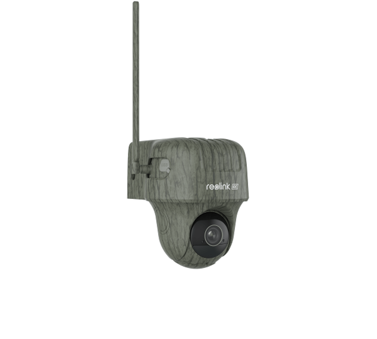 Reolink G450 4K wildlife camera met camouflagepatroon, 360° PTZ-lens en externe antenne voor 4G LTE-verbinding.