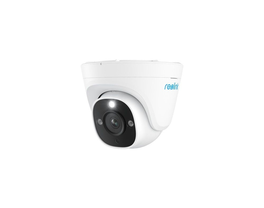 Witte Reolink 12MP PoE turret beveiligingscamera met spotlight en zwart lenspaneel tegen een witte achtergrond.