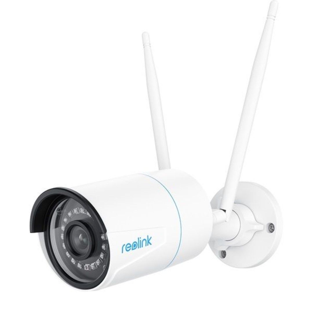 Witte Reolink W320 5MP WiFi bullet buitencamera met twee antennes, zwarte lensrand en wandbevestiging.