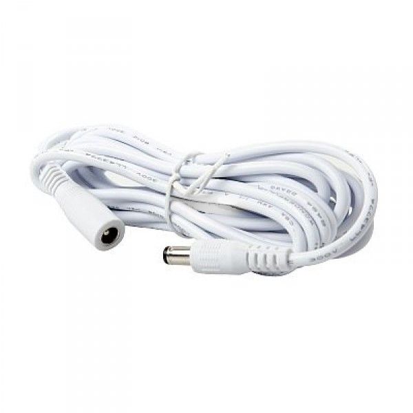 Witte 8 meter 12V DC verlengkabel voor beveiligingscamera's met mannelijke en vrouwelijke aansluiting.