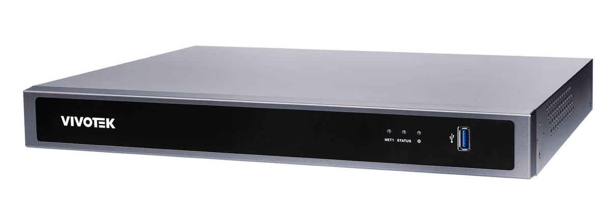 Zwarte Vivotek ND9426P 16-kanaals netwerkrecorder met USB-poort en statuslampjes in een compact 1U rack-ontwerp.
