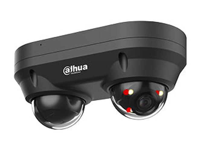 Zwarte Dahua WizSense dual-lens dome camera met twee 4MP lenzen en Smart Dual Light voor beveiliging.