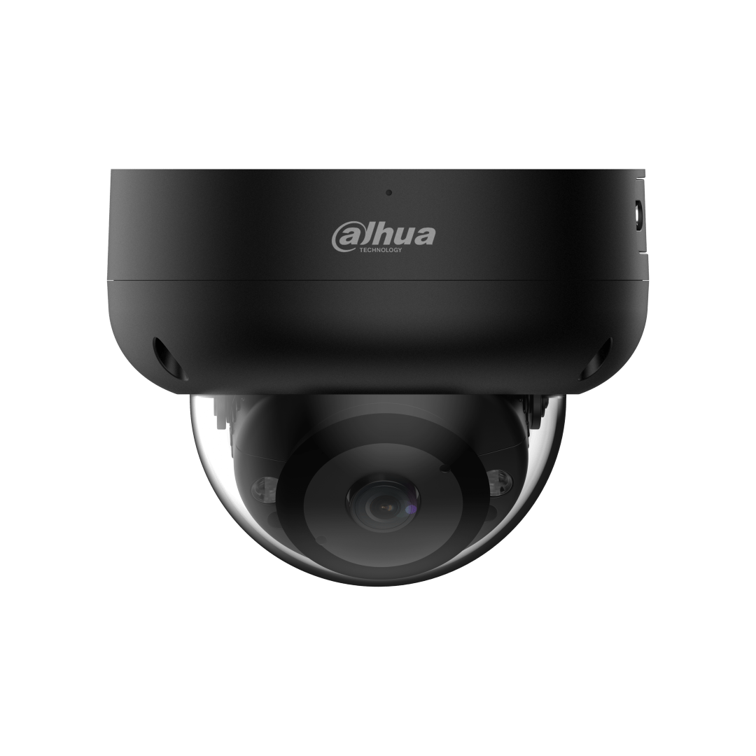 Zwarte Dahua IPC-HDBW3441R-AS-P dome beveiligingscamera met 4MP starlight sensor en ingebouwde IR-verlichting.