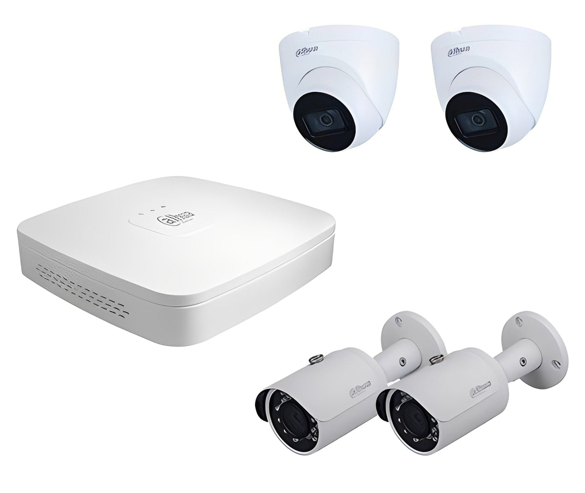 Dahua beveiligingsset met witte NVR-recorder, twee bullet-camera's en twee turret-domecamera's voor camerabewaking.