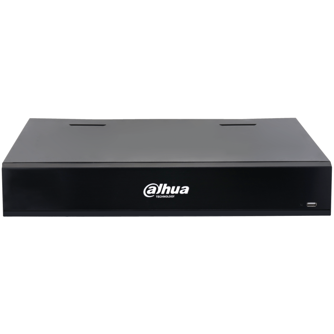 Zwarte Dahua NVR5432-XI/Pro 32-kanaals netwerk videorecorder met strak metalen design en USB-poort aan de voorzijde.