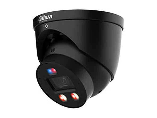 Zwarte Dahua TiOC PRO 4MP eyeball beveiligingscamera met actieve rood-blauwe waarschuwingsverlichting.