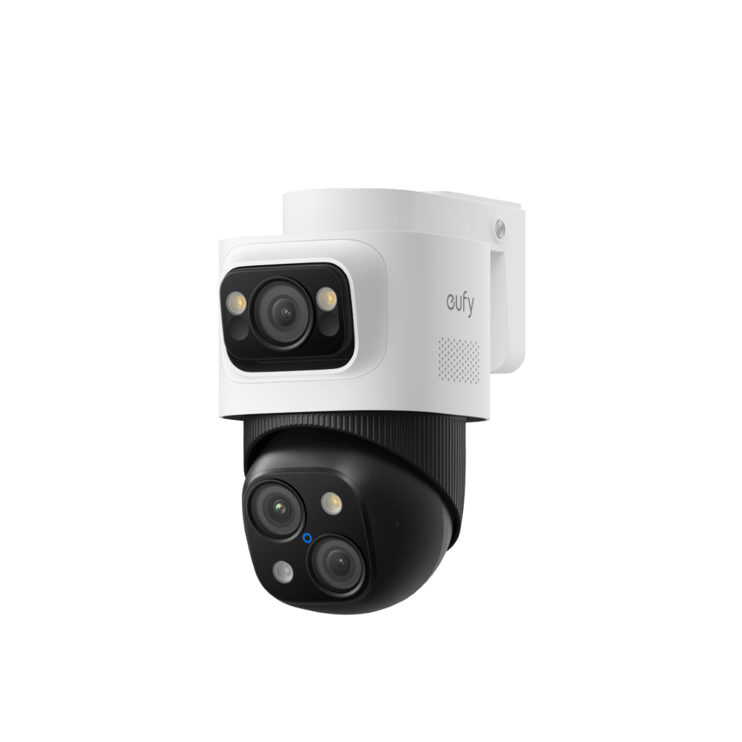 Witte Eufy PoE Bullet-PTZ S4 beveiligingscamera met zwart triple-lens systeem voor 360 graden dekking.