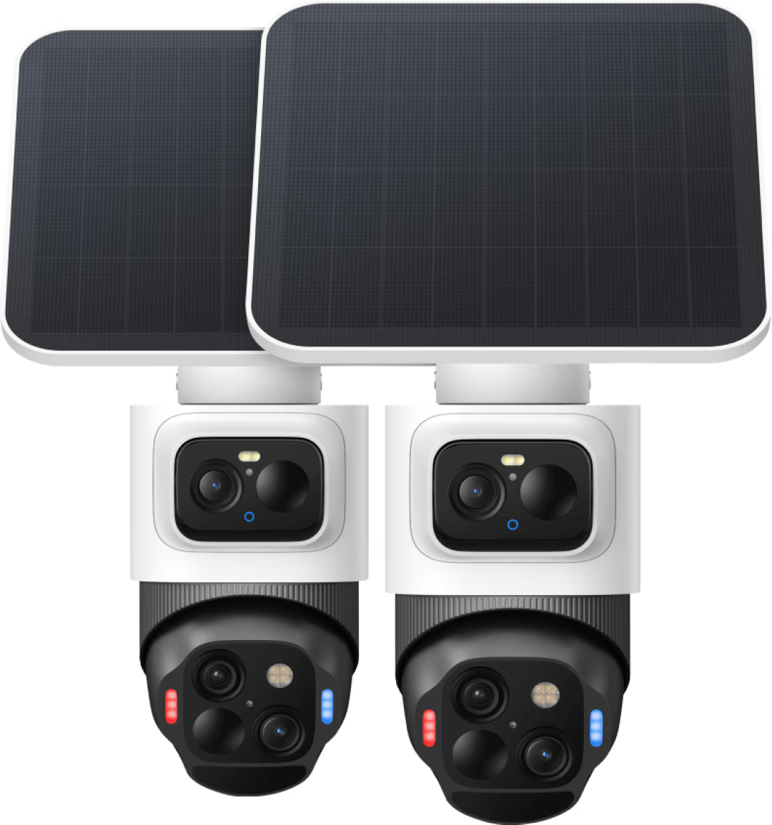 Twee witte Eufy SoloCam S4 4K beveiligingscamera's met zonnepaneel, dual-lens systeem en 360-graden tracking.