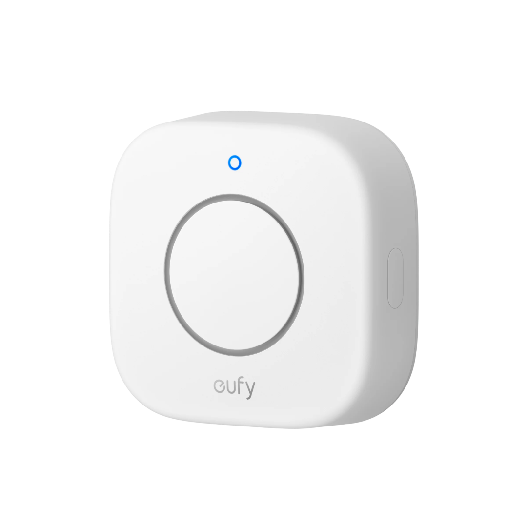 Witte, vierkante Eufy Security Sirene E20 met een centraal alarmrooster en een blauw LED-indicatielampje.