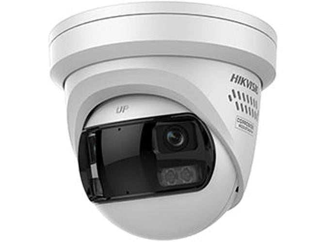 Witte Hikvision 12MP ColorVu panoramische turret beveiligingscamera met 180° lens en ingebouwde stroboscoop.