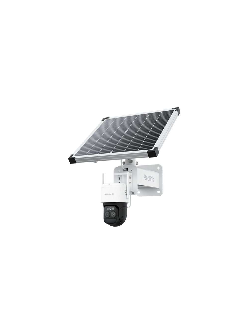 Twee witte Eufy SoloCam S4 4K beveiligingscamera's met zonnepaneel, dual-lens systeem en 360-graden tracking.