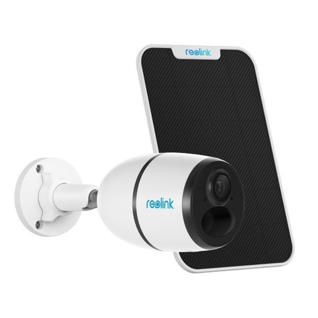 Reolink G770 4K PTZ-beveiligingscamera met dubbele lens en bijbehorend zonnepaneel in wit en zwart design.