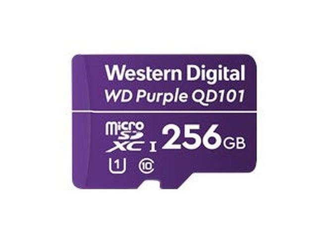 Paarse Western Digital WD Purple 256GB microSDXC-kaart voor bewakingscamera's met witte tekst en logo's.