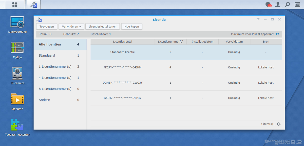 Synology Surveillance Station interface toont het licentiebeheer met een overzicht van actieve cameralicenties.
