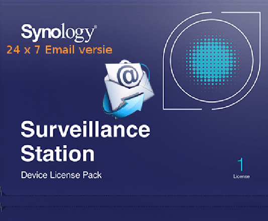 Synology Surveillance Station licentie voor 1 camera, geleverd als digitale 24/7 e-mailversie in blauwe verpakking.
