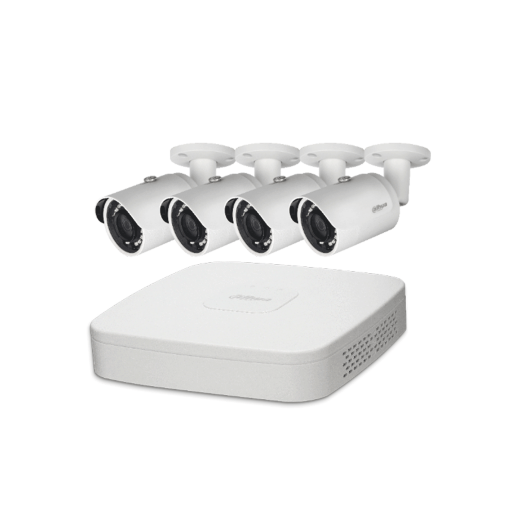 Witte Dahua 4-kanaals NVR met vier bijpassende witte bullet beveiligingscamera's voor professionele videobewaking.