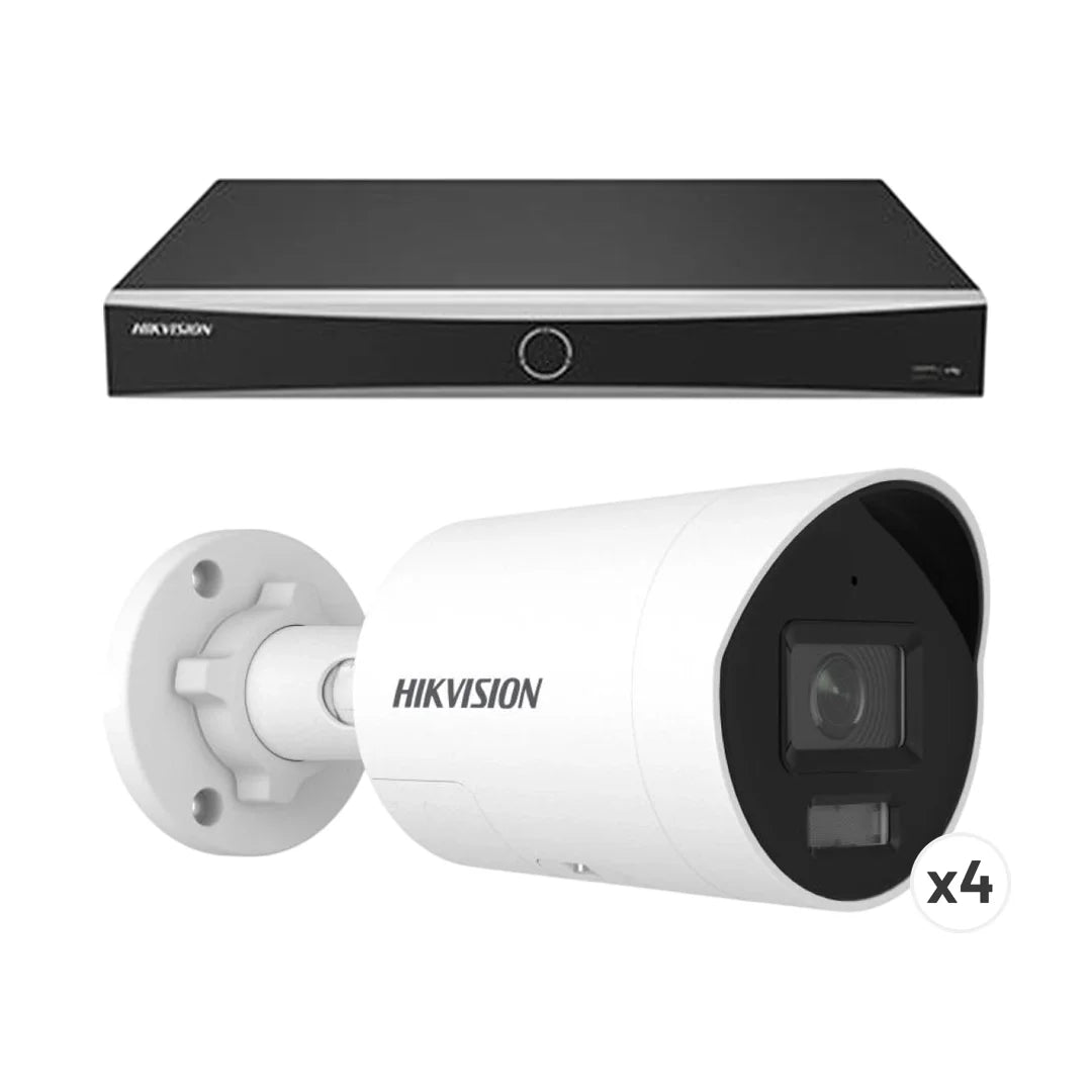 Hikvision 8-kanaals NVR en vier witte 8MP ColorVu bullet camera's voor professionele camerabeveiliging.