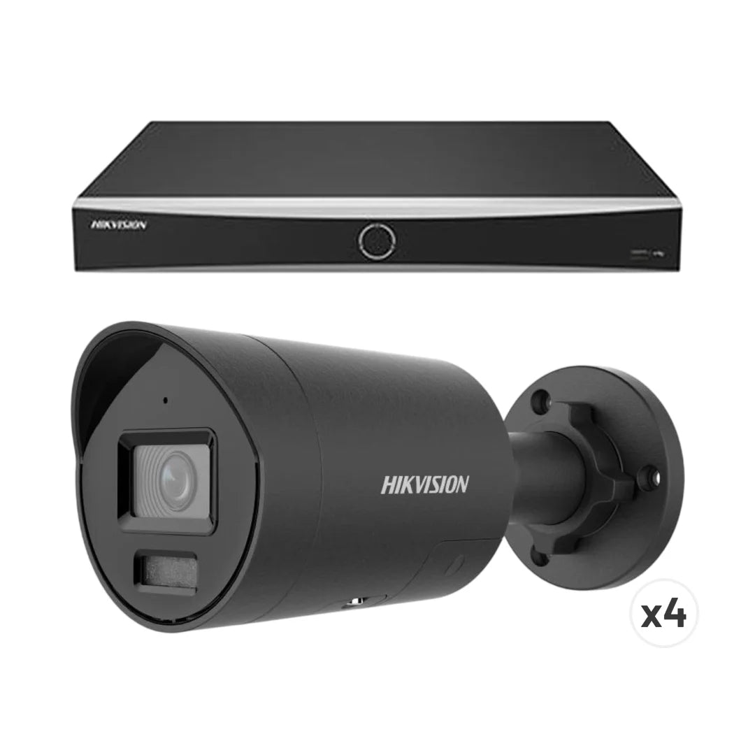 Zwart Hikvision 8-kanaals NVR beveiligingssysteem met vier 8MP ColorVu bullet camera's.