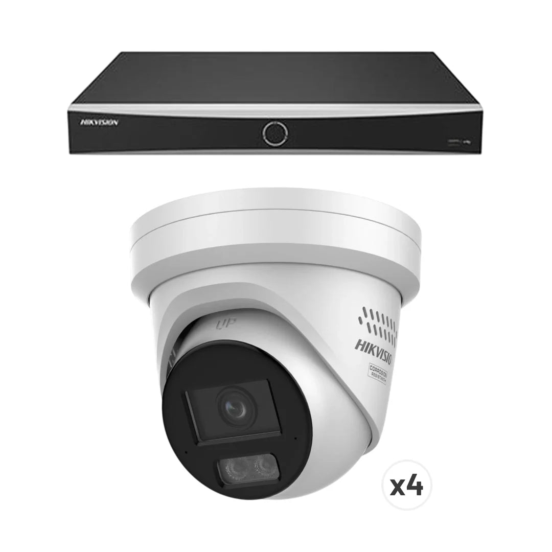 Hikvision 8-kanaals NVR en vier witte 8MP 4K ColorVu turret beveiligingscamera's voor professionele bewaking.
