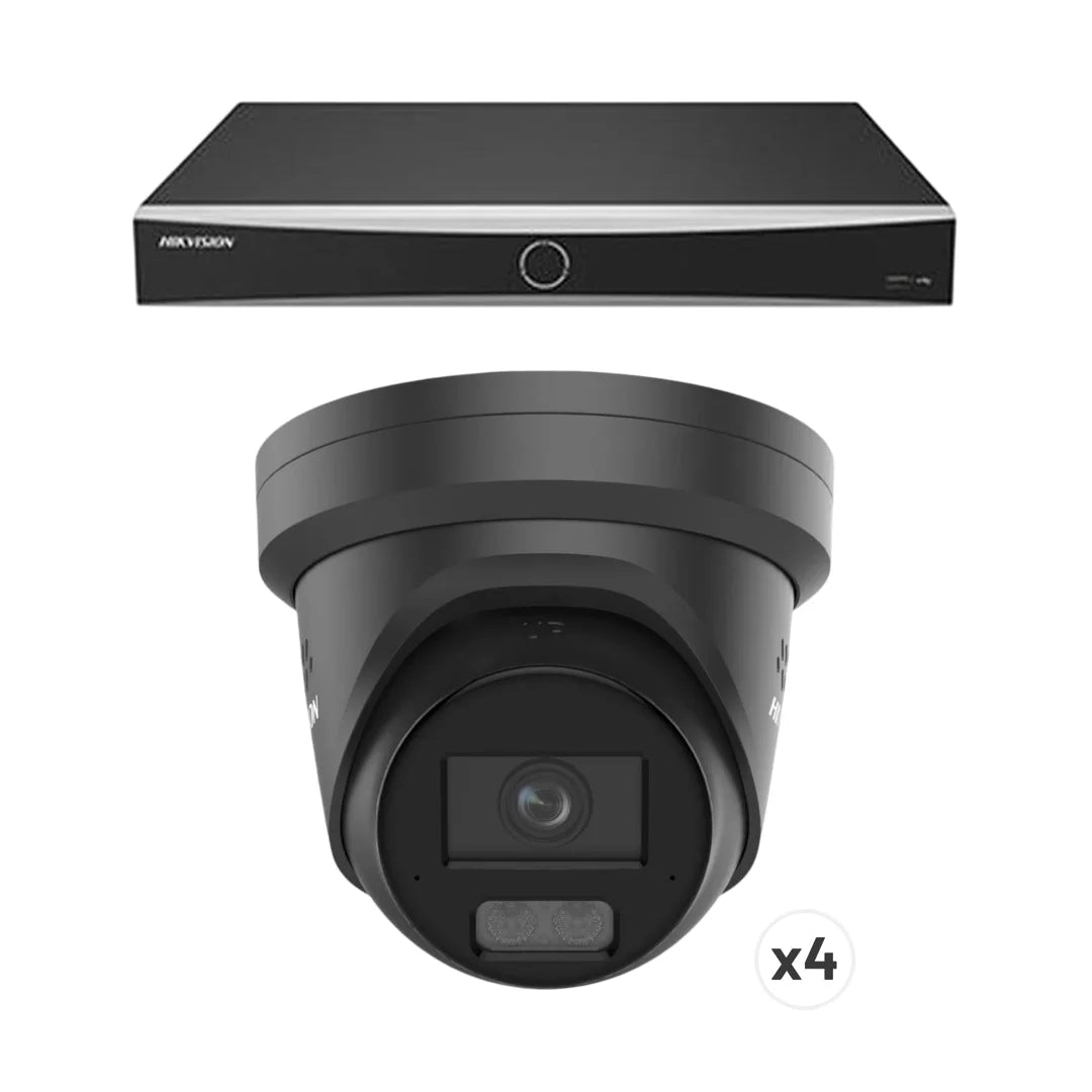 Zwart Hikvision 8-kanaals NVR beveiligingssysteem met vier 8MP ColorVu AcuSense turret camera's.